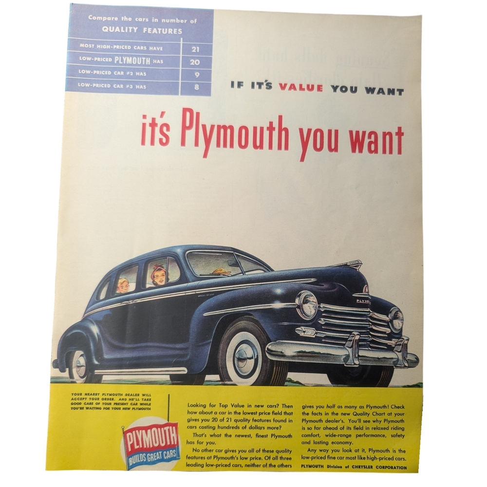 1947 Vintage Plymouth Car Advertisement